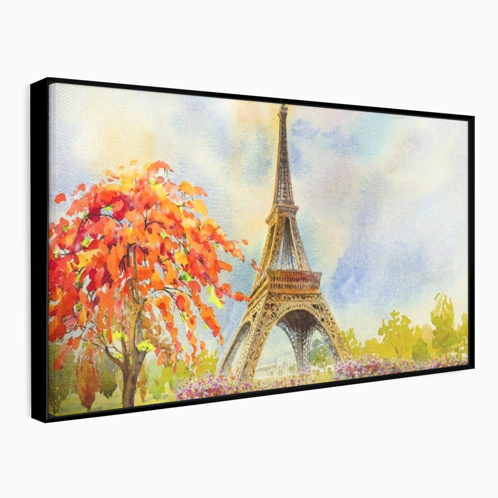 Tablou canvas cu pictura cu turnul eiffel si indragostiti, in rama de aluminiu negru
